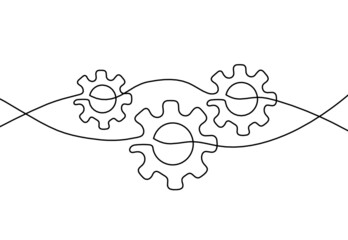 Abstract round metal gears wheels as line drawing on white background. Concept of teamwork. Vector