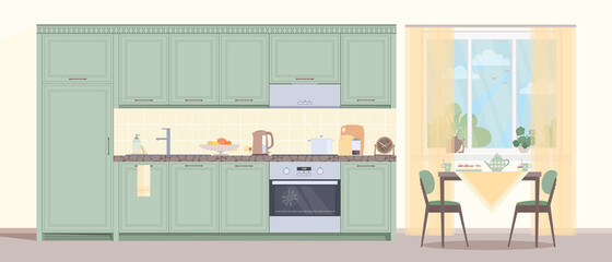 Kitchen with furniture.  Cozy interior of a modern kitchen with table, chairs, dishes and furniture.  Vector flat plane style.  Graphic design template.