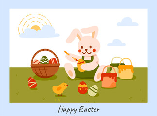 Happy Easter concept. Cute rabbit sitting on field and coloring eggs. Design for postcard for holiday or mailing lists in social networks. Cartoon flat vector illustration isolated on blue background