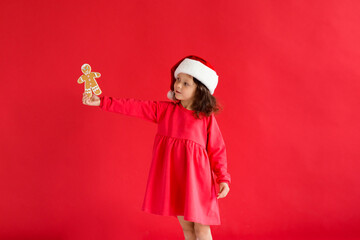 Girl in santa hat with christmas gingerbread