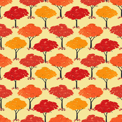 Autumn Maple trees Fall season seamless vector pattern. Beautiful Autumnal nature forest cartoon wallpaper. Fall holidays decorative design element. Maples in park, woodland background illustration