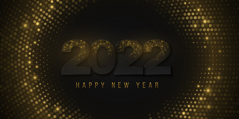 Naklejka premium Happy New Year 2022 banner of black numbers with shimmering golden glitters on halftone background. Light effect. Luxurious cover design. Elegant greeting card. Vector illustration