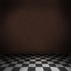 Empty, dark, psychedelic room with black and white checker on the floor and dark wall. Empty background texture for design