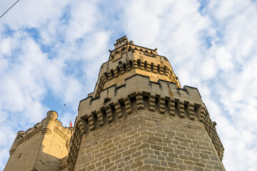 Medieval castle of the City of Olite in Navarra, Spain. Wall, battlements and fortress