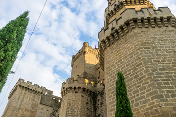 Medieval castle of the City of Olite in Navarra, Spain. Wall, battlements and fortress