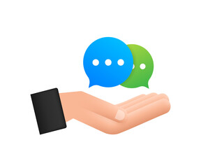 Chat Message Bubbles icon hanging over hands on white background. Vector stock illustration.