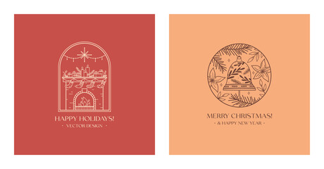 Xmas linear emblems with decorated fireplace and decorative bell.Vector Christmas and New Year festive labels with traditional winter holiday symbols.Holiday celebration concepts.