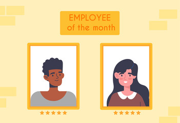 Employee of month concept. Awarding best manager. Man and woman got on honor board for success at work. Photos of professionals. Cartoon modern flat vector illustration isolated on beige background