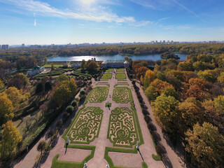 panoramic view of the museum and park complex Kuskovo in early autumn in Moscow from a drone height  - obrazy, fototapety, plakaty