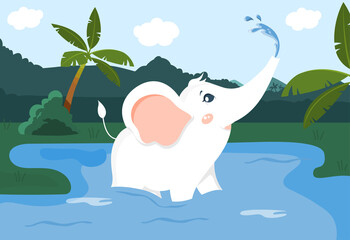 Small elephant swimming in lake. Wild animal drinks water and washes. White elephant monitors personal hygiene. Jungle dweller. Cartoon modern flat vector illustration isolated on bright background