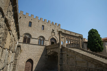 Gothic Palace of the Popes in Viterbo, with frescoes, decorative stonework and city views from its courtyard,is the most important historic monument of Viterbo.The Palace was built in 1254 -1261 - obrazy, fototapety, plakaty