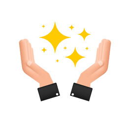 Yellow sparkles symbols in hands. The set of original vector stars sparkle icon. Bright firework, decoration twinkle, shiny flash. vector illustration.