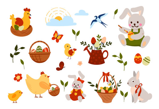 Easter spring set. Collection of stickers with eggs, hares, rabbits, flowers and chickens. Design elements for postcard, poster and invitation. Cartoon flat vector icons isolated on white background