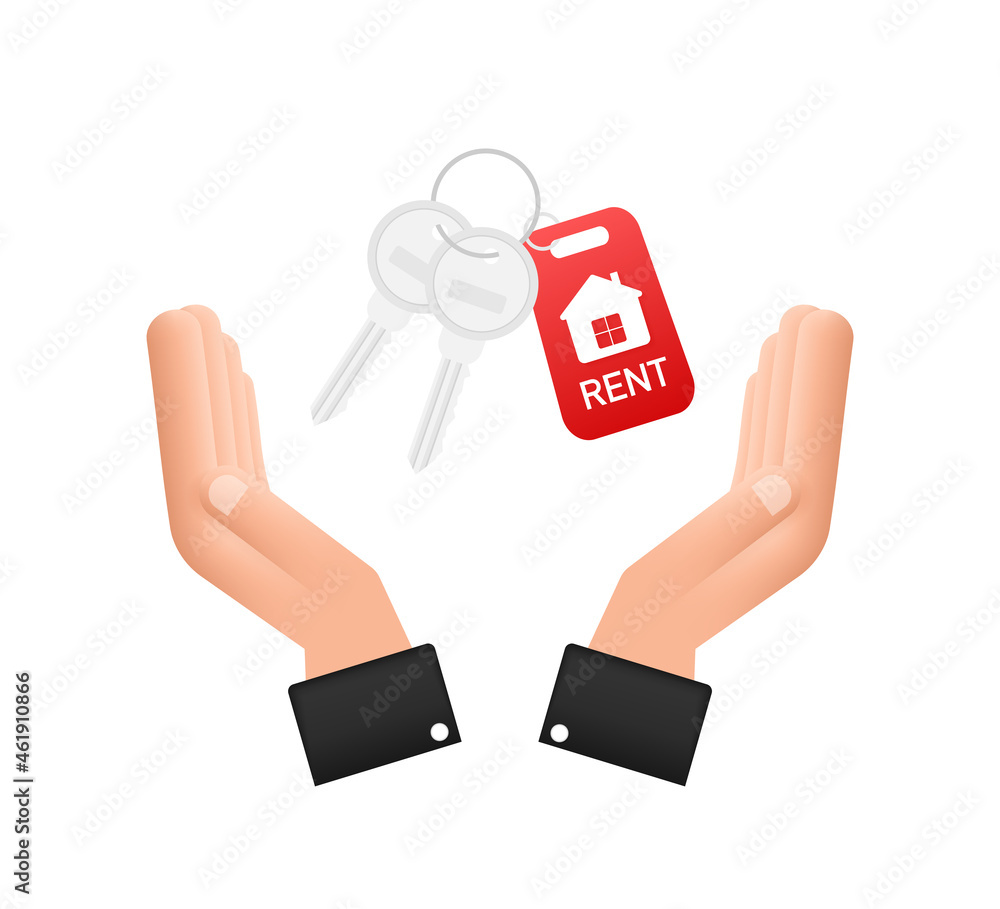 Poster Just sold keys handing over hand on white background. Vector stock illustration.