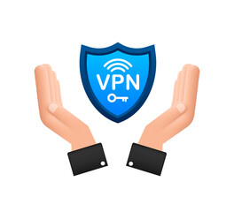 Secure VPN connection concept with hands. Hnads holding vpn sign. Virtual private network connectivity overview. Vector stock illustration.