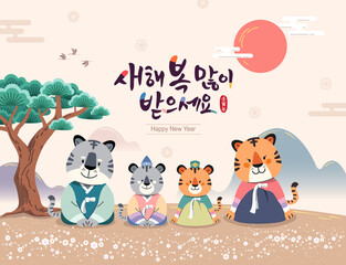 Korean New Year. A tiger family in hanbok welcomes the new year. Happy New Year, Korean translation.