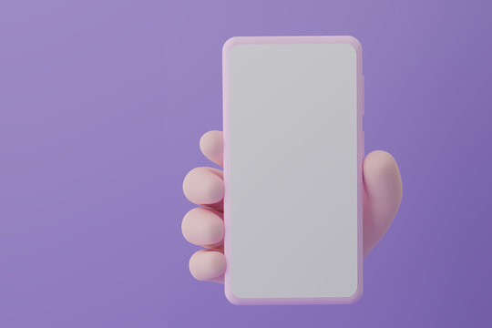 Animation hand holding smartphone with white screen on violet background, 3d illustration