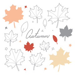 Vector autumn element set with autumn leaves and small elements in grey, red-brown, yellow, pink. Flat and doodle. Suitable for cards,  invitations, paper and others