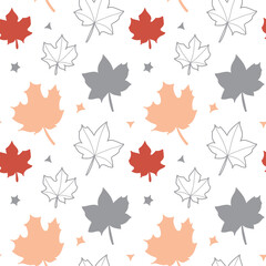 Vector autumn seamless pattern  on a light background. Autumn leaves and small elements in grey, red-brown, pink. Flat and doodle. Suitable for cards,  invitations, paper and others