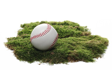 Baseball ball on green moss isolated on white background
