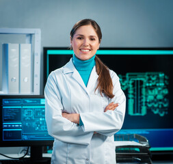 Workplace of young woman in modern microelectronics manufacturing lab. Engineer works in a modern...