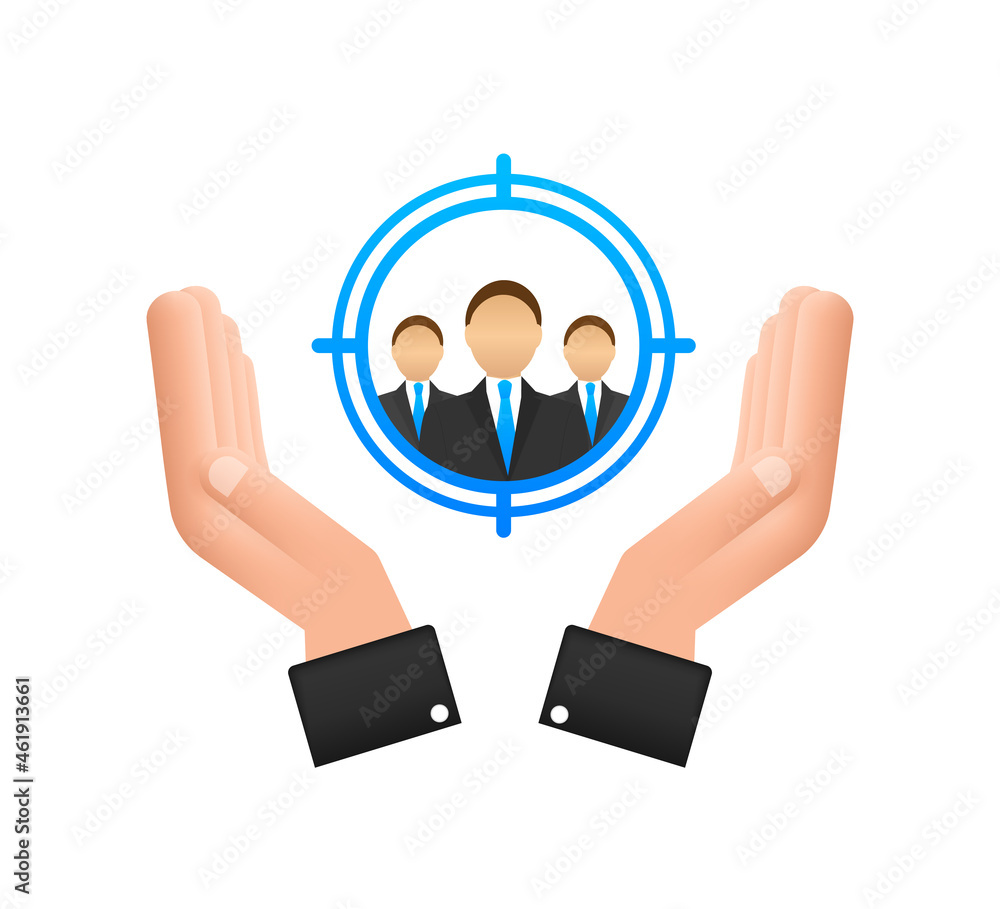 Sticker Customer relationship management concept with hands. Organization of data on work with clients, CRM concept. Vector illustration.