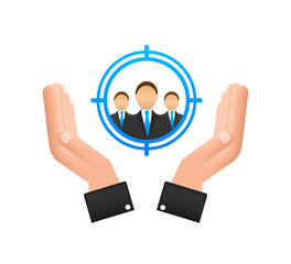 Customer relationship management concept with hands. Organization of data on work with clients, CRM concept. Vector illustration.