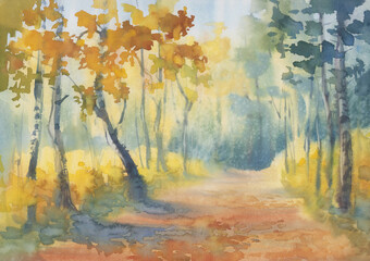 Autumn path in the forest watercolor landscape. - 461913683