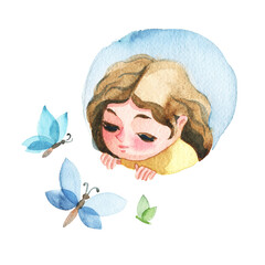 Watercolor illustration. Portrait of a young girl looking at butterflies.