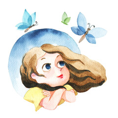 Watercolor illustration. Portrait of a young girl looking at butterflies.