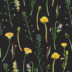 Watercolor seamless pattern of flowers on dark background