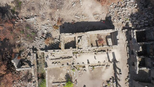 Taurus Mountains. Manavgat. Seleucia. Forest fire in the mountains. The ancient ruins of Seleucia. Ancient city on the Mediterranean coast of Pamphylia, in Anatolia, north of the city of Manavgat
