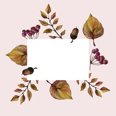 Square autumn frame with watercolor elements. Acorn, leaves, berries. Vector illustration in boho style.