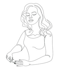 The lady does a manicure, paints her nails with varnish. Silhouette of female hands in a modern one line style. Solid line, aesthetic outline for decor, posters, stickers, logo. Vector illustration.