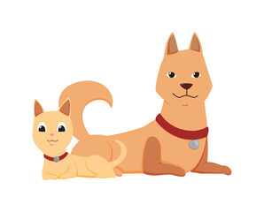 Cats and dog characters best happy friends. Together lying isolated on white background. Funny flat cartoon colorful friendship pets.  illustration