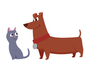 Cats and dog characters best happy friends. Together spending time isolated on white background. Funny flat cartoon colorful friendship pets.  illustration