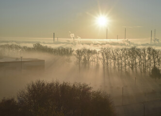 Fog and smoke from the chimneys mixed. The rays of the rising sun dispel the fog that enveloped the trees.