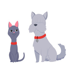 Cats and dog characters best happy friends. Together sitting isolated on white background. Funny flat cartoon colorful friendship pets.  illustration