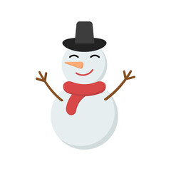 vector illustration of a cute snowman flat on a white isolated background. children's drawing of a snowman with a hat and a carrot. winter icon, element