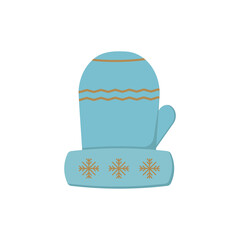 vector illustration of a cute blue mitt with snowflakes on a white isolated background. flat children's mitt.christmas children's items and accessories. one element, icon, winter logo