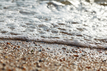 Tidal bore. The wave rolls onto the seashore, which is covered with shells. Coastline. Sea waves with white foam and shells beach. close-up.