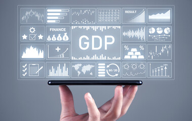 Male hand showing smartphone. Gdp-Gross Domestic Product. Business concept