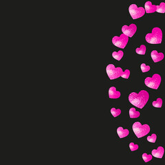 Valentine background with pink glitter hearts. February 14th day. Vector confetti for valentine background template. Grunge hand drawn texture.