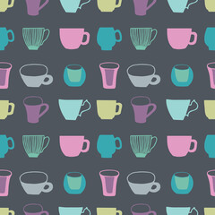 Seamless pattern with vector illustrations of cups and mugs. Isolated on white background. Illustration for restaurant menu, wrapping paper, post cards, advertising, packaging.