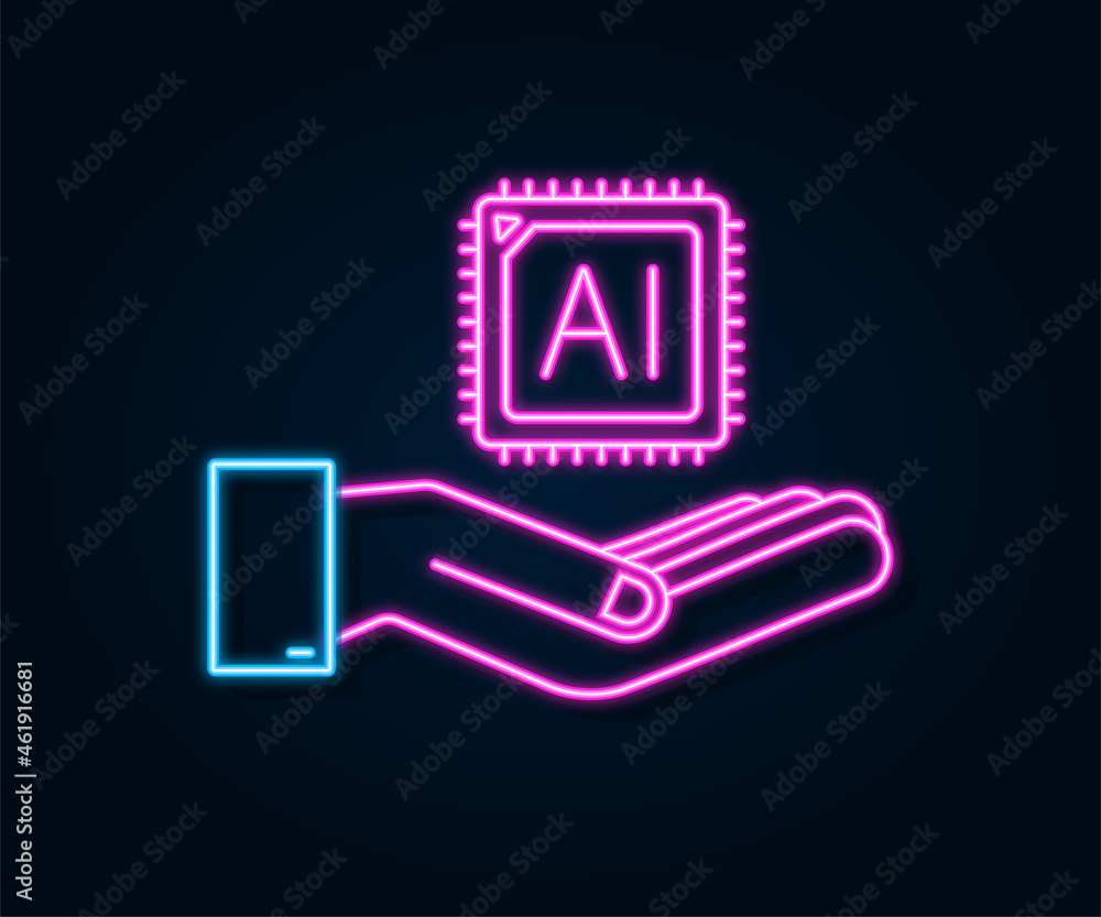 Aufkleber artificial intelligence landing page. ai neon icon with hands. website template for deep learning co