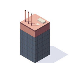 Factory isometric. Architecture of manufactures house. Concept of industrial working plant with chimney tower