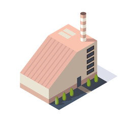 Factory isometric. Industrial bulding. 3d isolated icon. Concept of industrial working plant with chimney tower