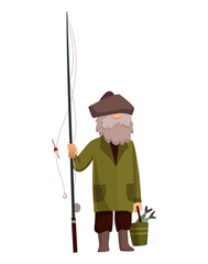 Fisherman fishing with fishing rod. Fishing people with fish and equipment. Vacation concept flat  icon. Leisure and hobby catching fish