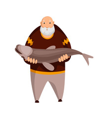 Fisherman fishing with fish. Fishing man holds a caught large fish on his shoulders. Vacation concept flat  icon. Leisure and hobby catching fish
