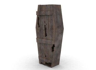 old wooden coffin on the white background 3d-rendering